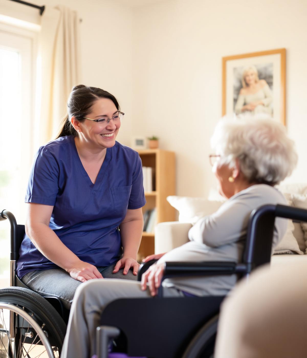 Support worker chatting warmly with a participant at home