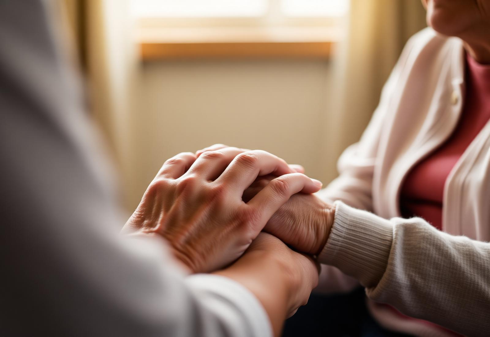 Support worker holding the hands of a participant in warm light