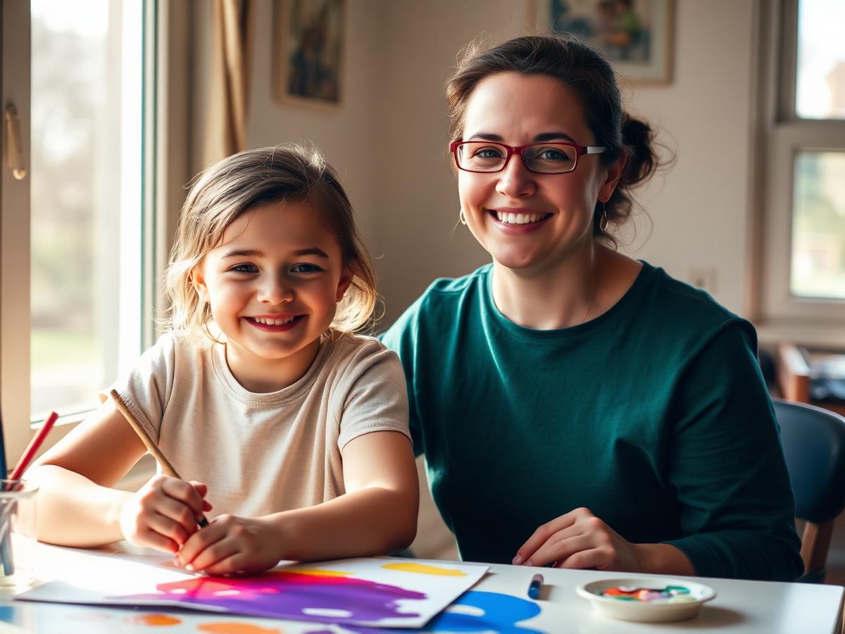 Participant and support worker painting together