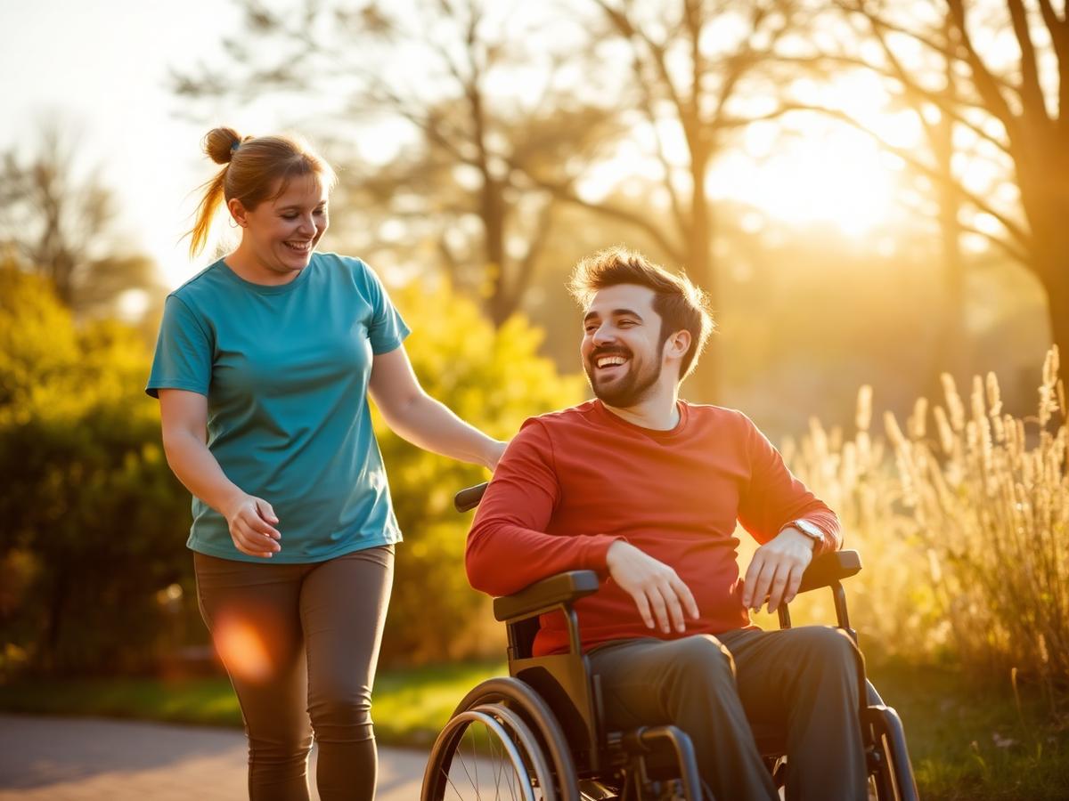 Support worker and participant laughing together outdoors